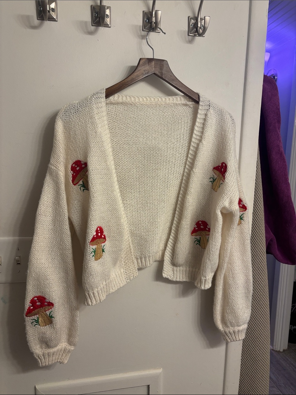 Cropped Cream Mushroom Embroidered Open Cardigan Sweater